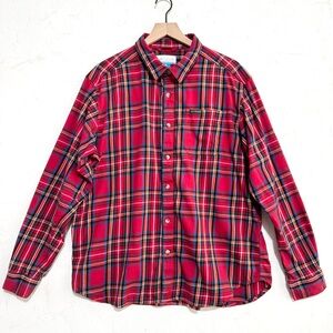 Columbia Red Plaid Button Down Shirt XL Cotton Stretch Check Long Sleeve